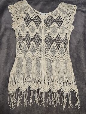Ultra Pink 100% Cotton Crochet Fringe Tunic Top in Cream